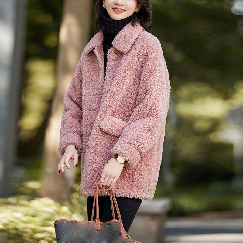 Jacket Women's Autumn and Winter Plus Velvet Thickening Mid-length Lamb Hair Lapel Loose Warm Cotton Jacket Cotton Jacket