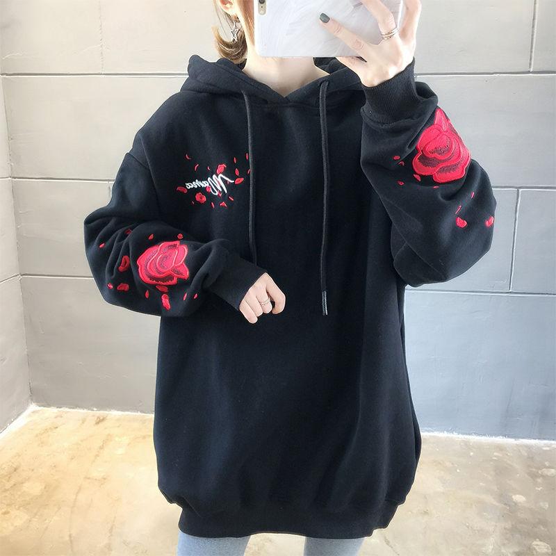 Crane Floral Embroidery Harajuku Hoodies Women Autumn Winter Thick Fleece White Black Hooded Pullover Tops Oversized Streetwear Hip Hop Sweatshirts