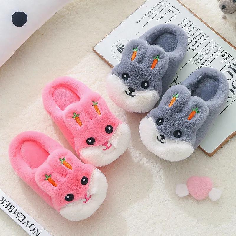 Winter Kids Slippers Cartoon Cute Rabbit Sliders Shoes for Boys Girls Toddler Slippers Plush Soft Fur Cotton Home Indoor Furry Children Baby Slippers