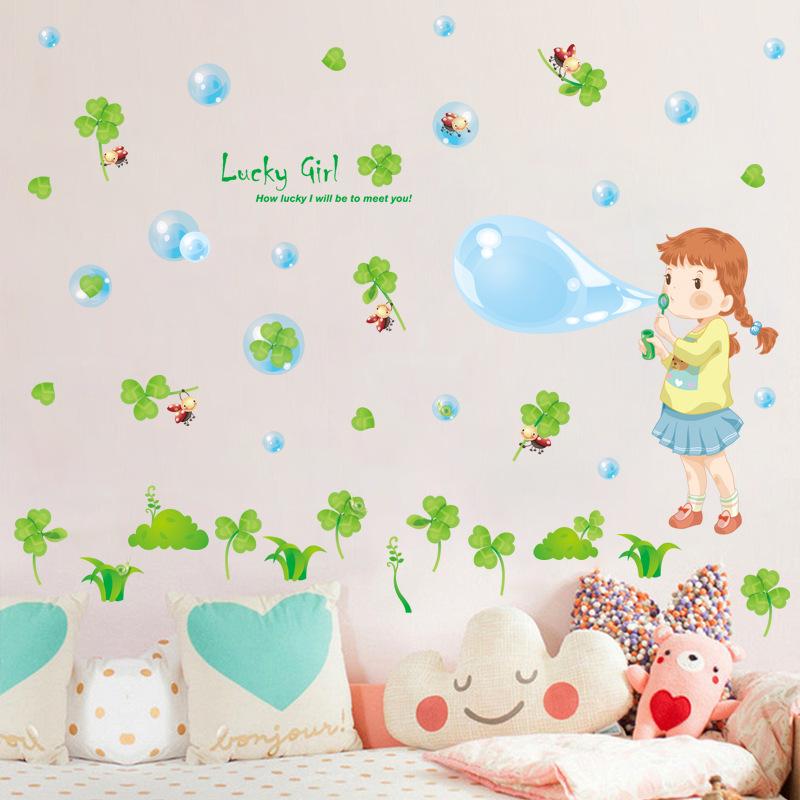 Kindergarten classroom layout self-adhesive clover wall stickers cartoon blowing bubble little girl