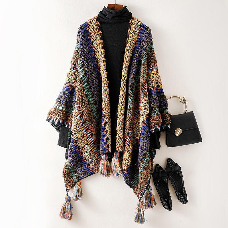 Ethnic Style Retro Literary Cloak Scarf Warm Women's Sweater Shawl Cloak Coat Tassel Jacquard Knitted Cardigan Women's Warm Shawl Coat