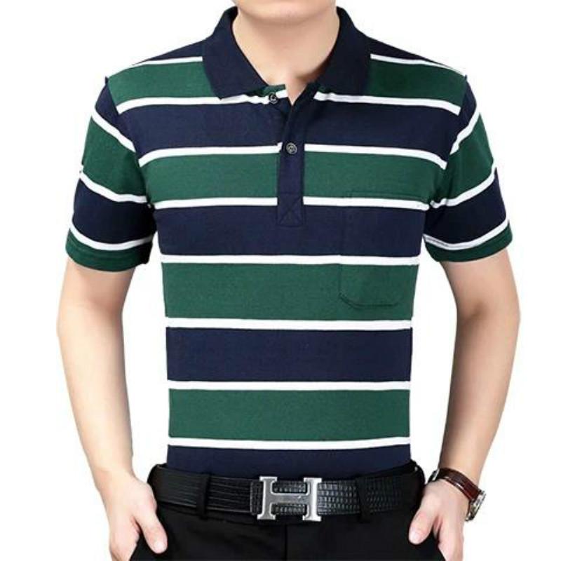 Summer Short-sleeved T-shirt Male Middle-aged Striped Dad Outfit Lapel    Shirt Loose Half-sleeved Shirt with Real Pockets