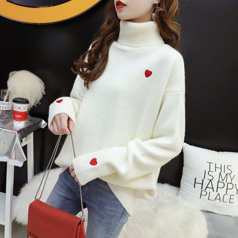 Women Turtleneck Sweater Thickening Knitwear Autumn Winter Pullover 2020 Heart Embroidery Casual Loose Tops Korean Style Jumpers