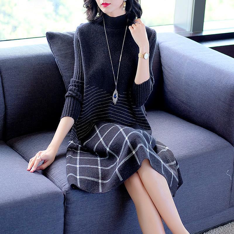 Autumn and Winter High-end Loose Dress Mid-length Knitted Over-the-knee Base Skirt Fashion Simple Women's Sweater Dress