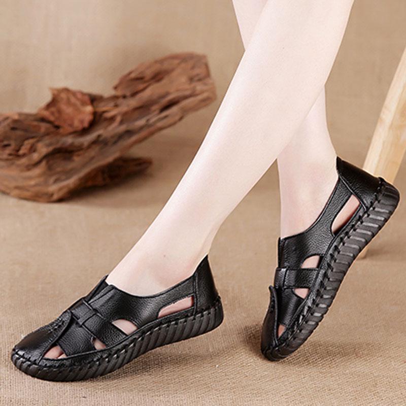 Plus Size 35-43 Summer Retro Women Hole leather Sandals High Heels Breathable Wear-resistant Sandals