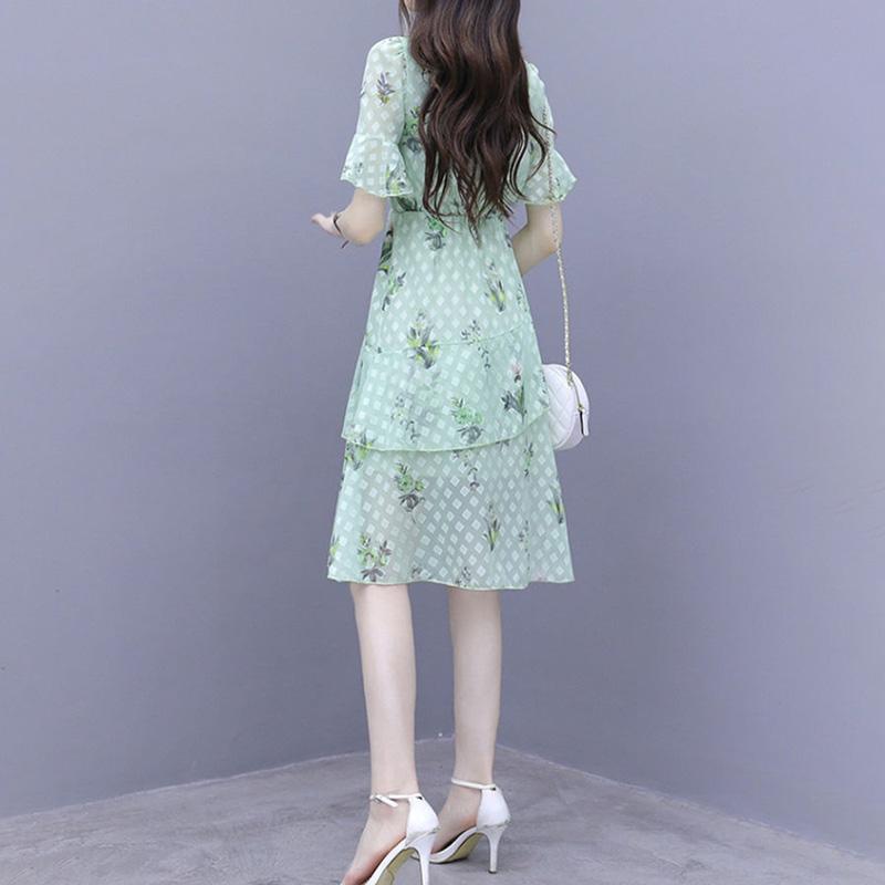 Chiffon Mid-length Dress French Skirt Sweet Knee-length Mid-length Dress A-line Version Waist Slimming Large Skirt Fabric Light and Breathable