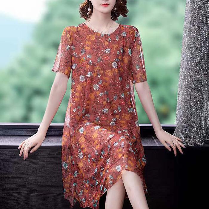 Large Size Short-sleeved Dress Women Summer Mid-length Round Neck Print Small Floral Comfort and Cool