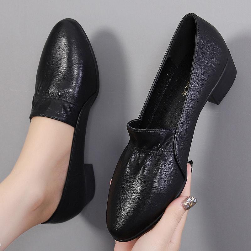 Single Leather Shoes Women's Flat Thick Heel Work Shoes Women's Shoes with Round Toe Soft Sole Mid-heel Work Shoes