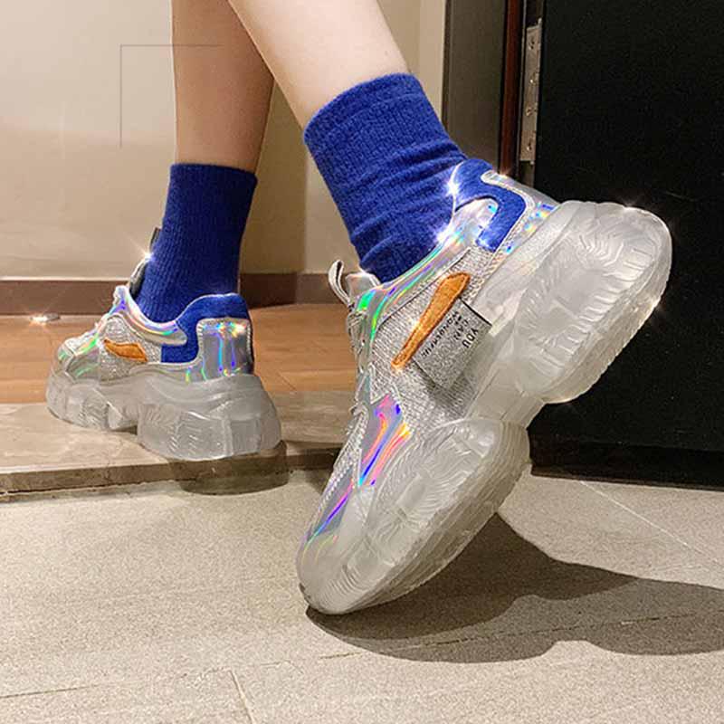 Plus Size 35-40 Summer Women Leather Sneakers Students Breathable Running Basketball Shoes Shockproof Non-slip Laser Colorful Heighten Shoes