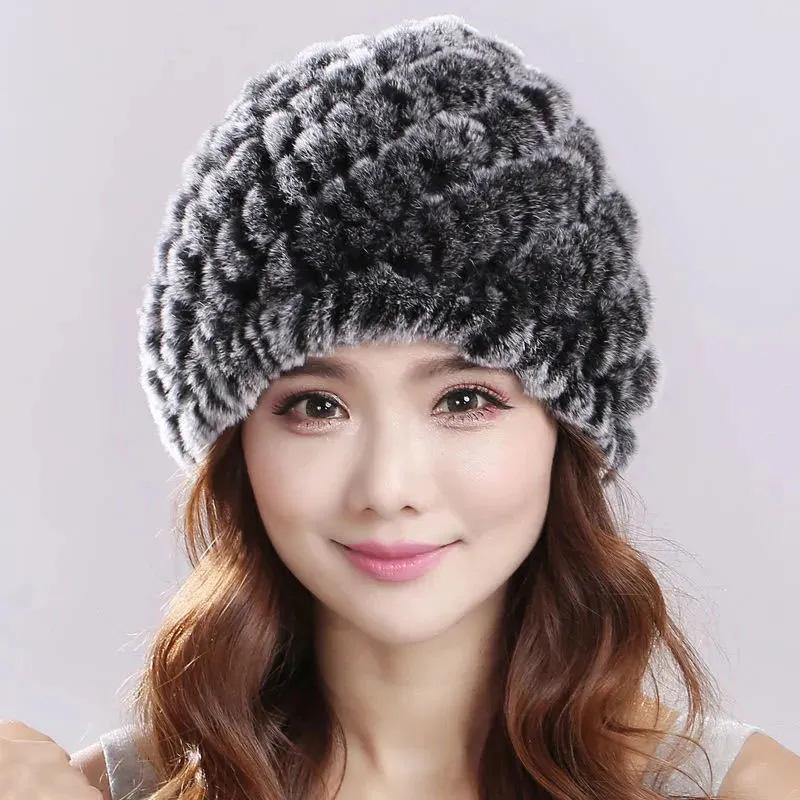 Women's Winter Fur Hats Middle-aged Thickened Warmth Ear Protection Hats Rex Rabbit Fur Woven Hats Ladies Floral Top Caps Fluffy Rabbit Fur Hat