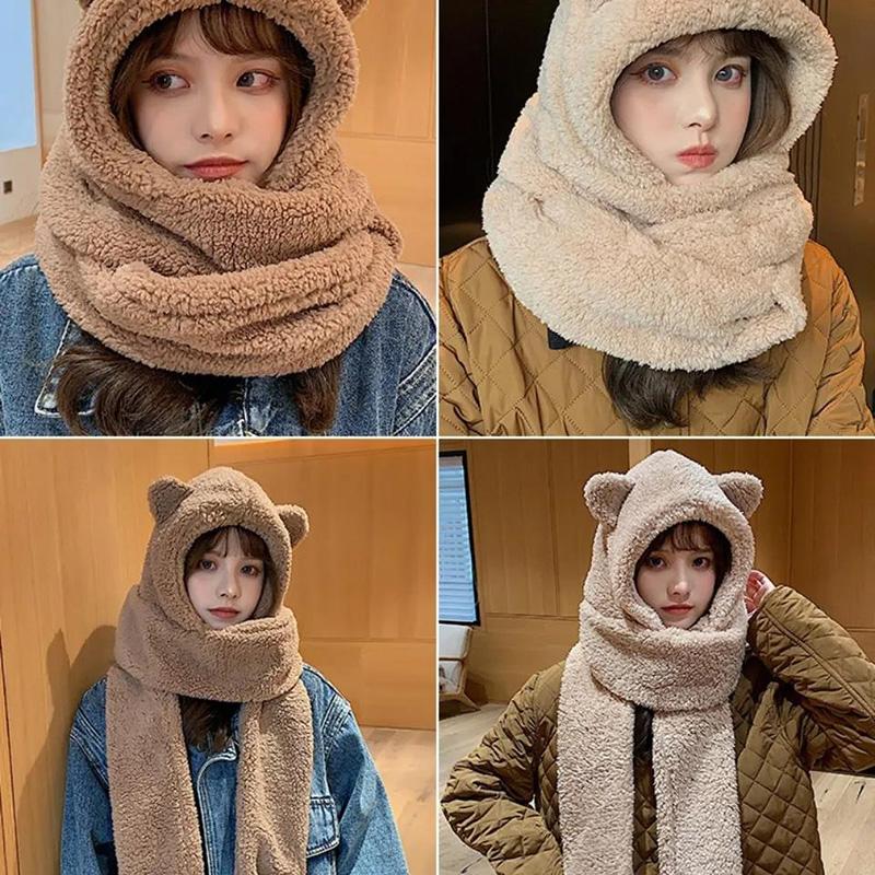 Women's Bear Ears Hat Scarf Gloves Set One-piece All-match Cute Plush Winter Scarf Hooded Cap Riding Windproof Warm Hat Face Ear Protection Hat