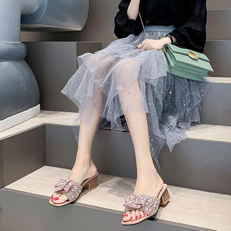 Plus Size 34-41 Women All-match Shiny Slippers Outdoor Diamond High Heels Bohemian Beach Wear-resistant Non-slip Slippers Pearl Sandals