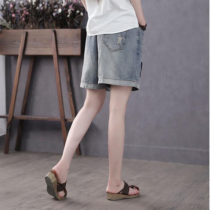 WTEMPO High-waist Denim Shorts Women Loose Wild Thinner Embroidery Elastic Waist Broken Hole Embroidery Retro Straight Leg Pants