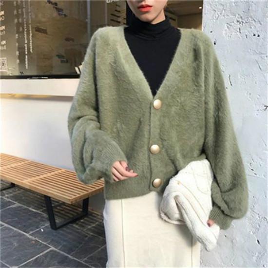 6 Colors Lazy Women Faux Mink Cashmere Loose V-neck Sweater Knitted Cardigan Button Jacket