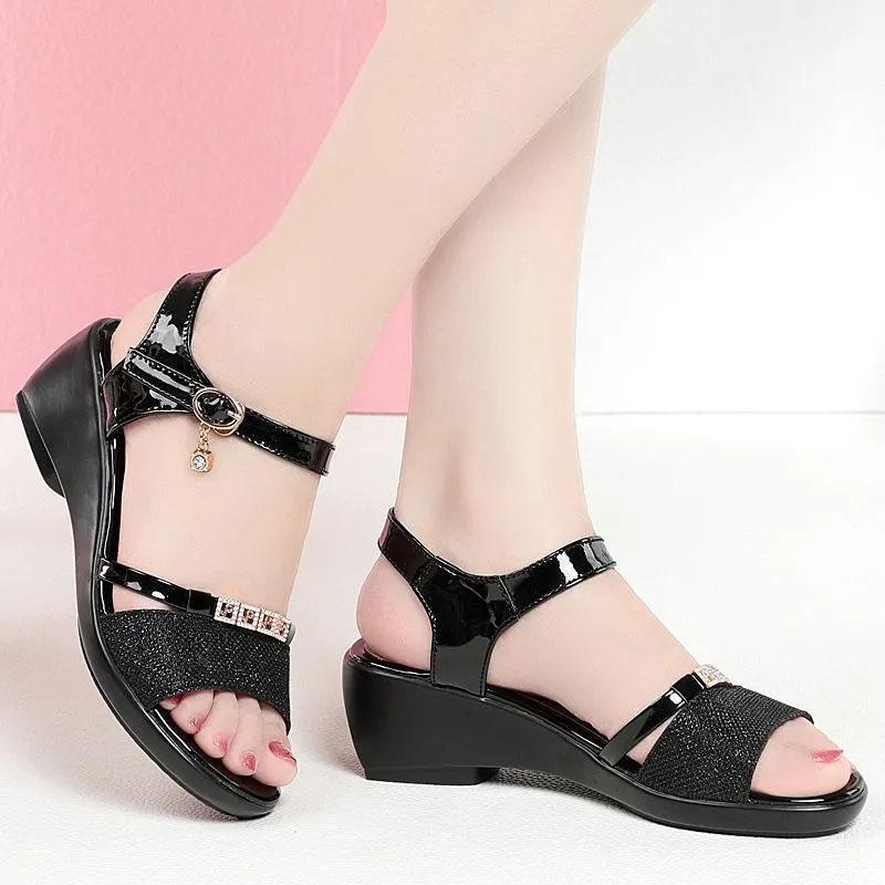 Leather Sandals Women's Open Toe Wedge Roman Shoes Women's Summer Thick Mid-heel All-match Soft Bottom Ladies Sandals