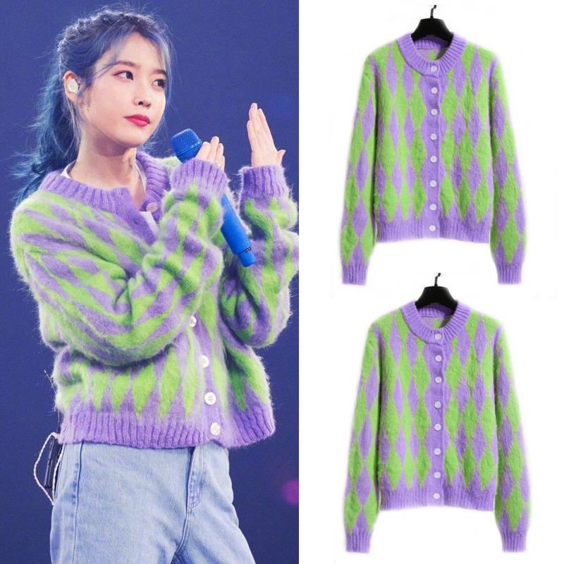 Green Purple Rhombus Plaid Vintage Knitwear Women Short Section Button Cardigan Sweater Top