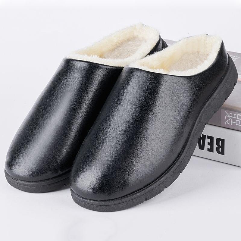 Cotton Slippers Winter Leather Waterproof Thick Warm Women Slide Plus Size Mens Slippers