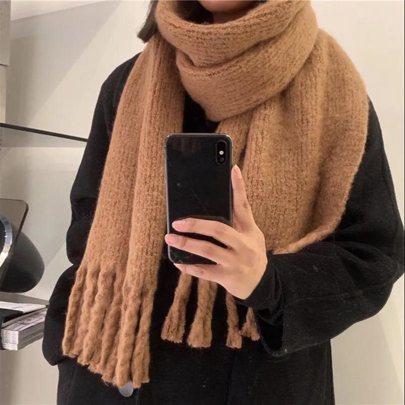 Winter Women's Scarf Fashion Solid Color Tassel Knitted Scarf Dual-use Lengthened Thick Shawl Scarf