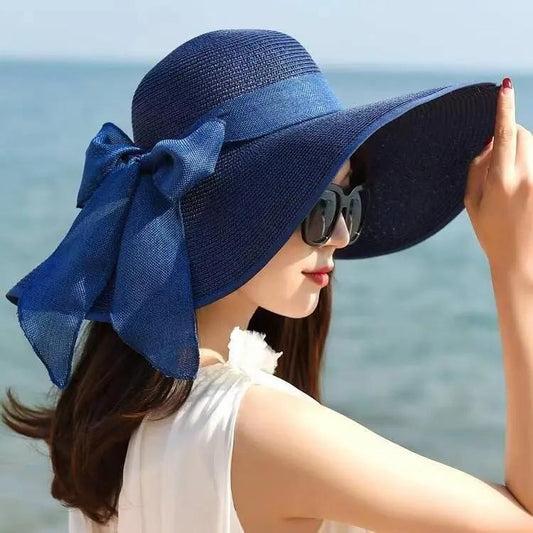 Women's Foldable Summer Straw Hat Bow Ribbon Beach Hat Big Brim Sunscreen Cap Sunshade Sun Hat Vacation All Match Hat