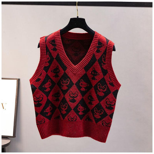 Autumn and Winter Diamond Plaid Retro Sweater Vest Knit Sweater Women's Vest Cartoon Loose V-neck Waistcoat Vest