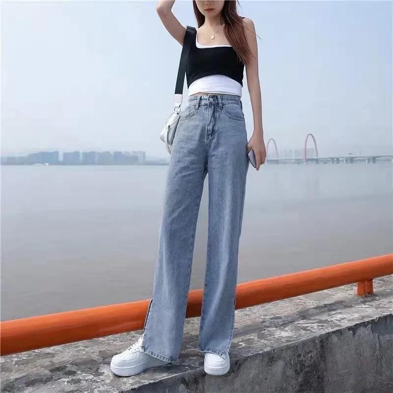 Women Spring Summer Long Jeans Vintage Wide Leg Loose High Waist Light Blue Straight Casual Denim Split Pants