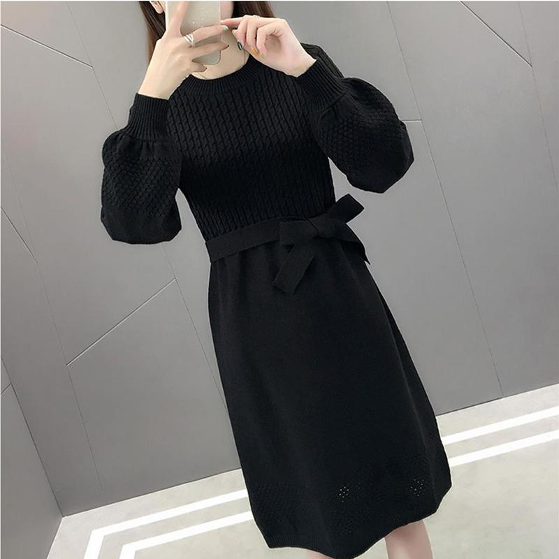 Knit Dress Women Autumn and Winter Loose Mid-length Over-the-knee Sweater Bottoming Tie Belt Slim-fit Sweater Dress Puff Sleeve Sweater