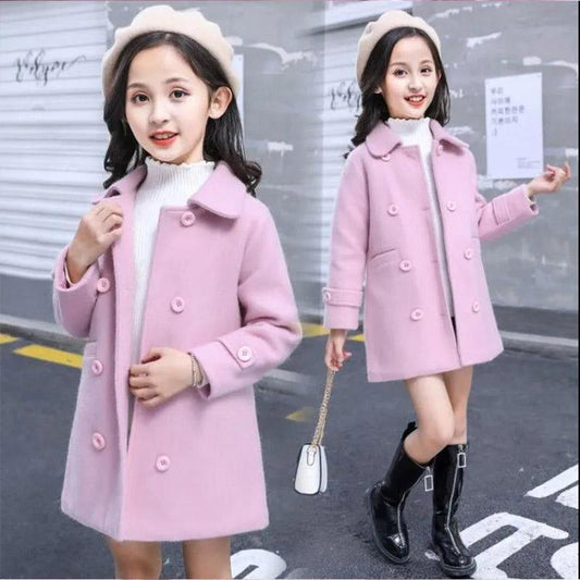 Big Boy Girl Woolen Double-breasted Mid-length Woolen Woolen Thick Solid Color Cardigan Jacket for Autumn and Winter Western Style