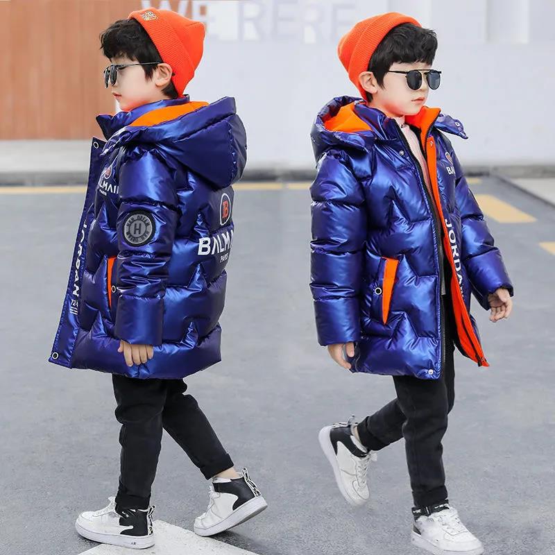 Fleece Boys' Winter Padded Jacket Big Children's Bright Leather Padded Jacket Children's Mid-length Down Padded Jacket