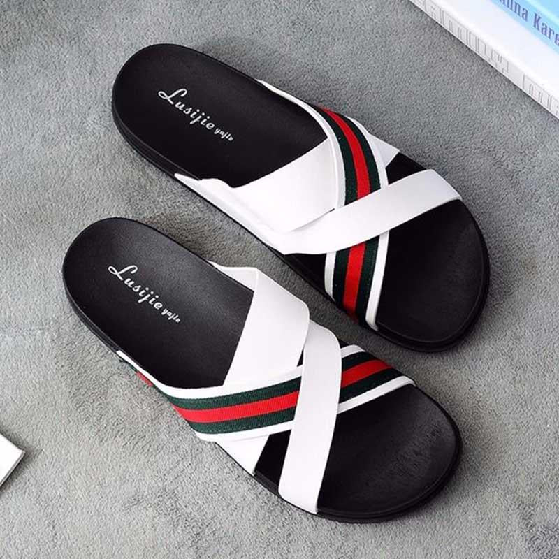 Size40-45 Summer Men Sandals Comfortable Non-slip PU Leather Beach Slippers Casual Outdoor Slippers Cross Alphabet Drag Flip Flops