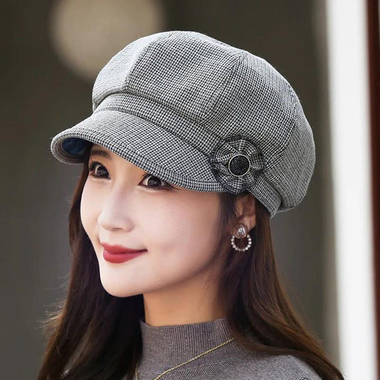 Women's Plaid Flower Octagonal Beret Hat Cotton Linen Diamond Hat Spring Autumn Mother Hat Middle-aged Elderly Baker Hat