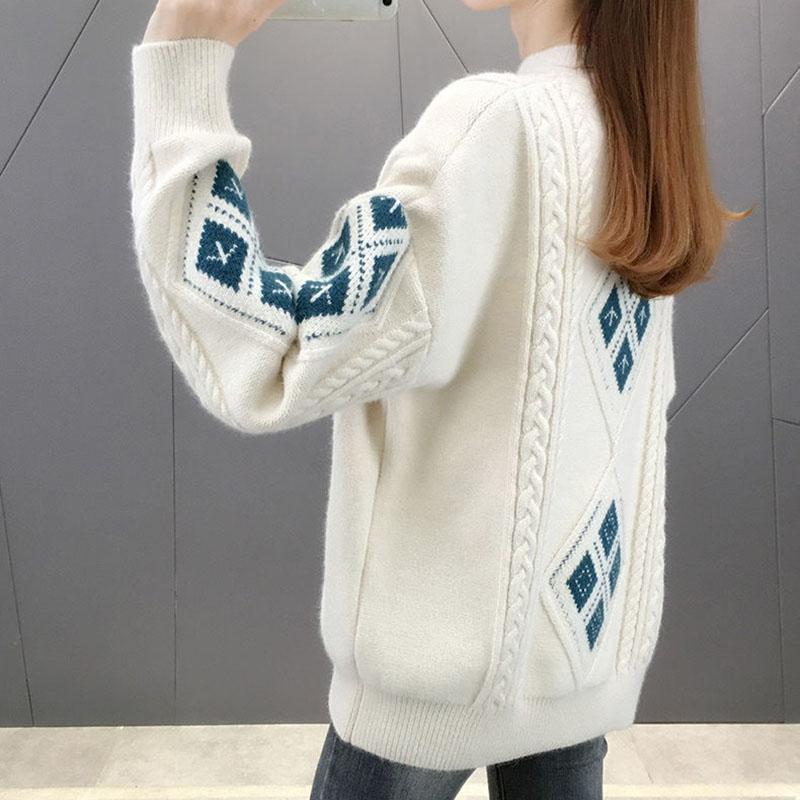 Thickened Twist Diamond Jacquard Pullover Sweater Women's New Fall/winter Round Neck Loose Lazy Sweater