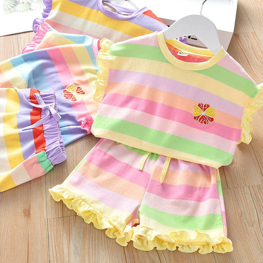 Two-piece Suit Children's Clothing Summer Rainbow Casual Suit Girls Fungus T-shirt Shorts