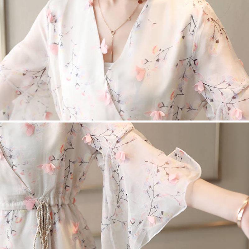 Fashion Flare Sleeve Floral Dress Female Summer Chiffon Mid-length Ruffle Irregular Dress