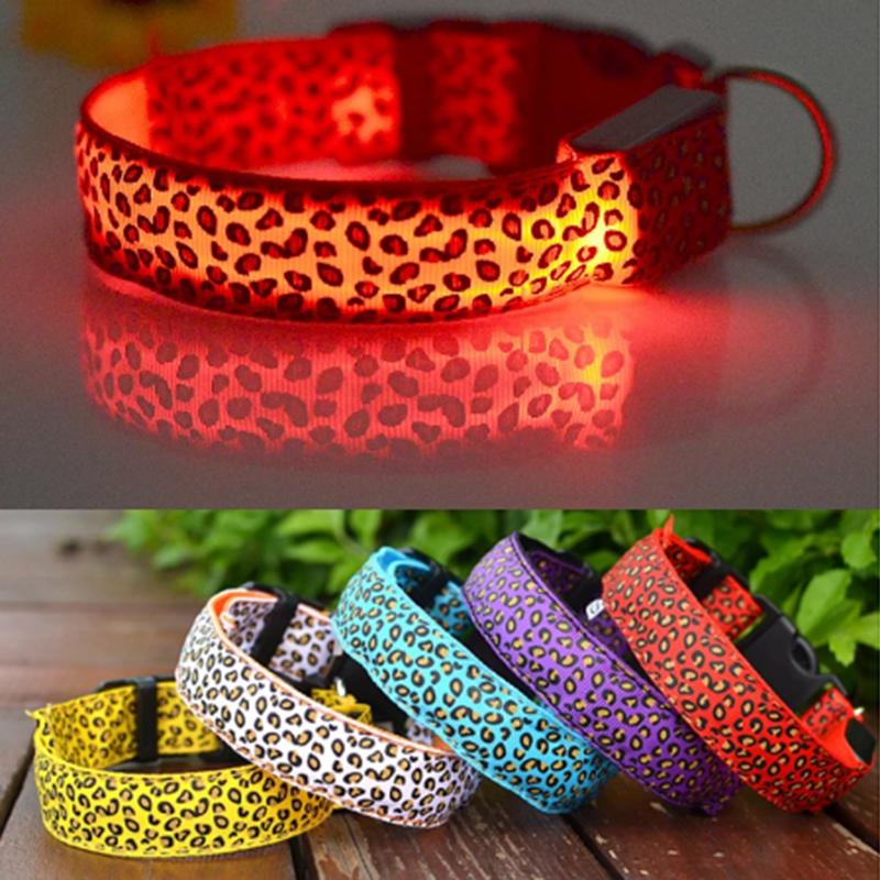 Leopard LED Dog Collar Luminous Adjustable Glowing Collar For Dogs Pet Night Safety Nylon Collar Luminous LED Bright Dog Collar