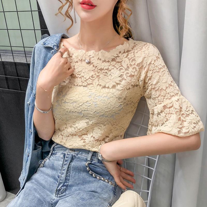 Summer Ladies Temperament Sexy Hollow Crochet Lace Top Fashion Round Neck Short-sleeved T-shirt