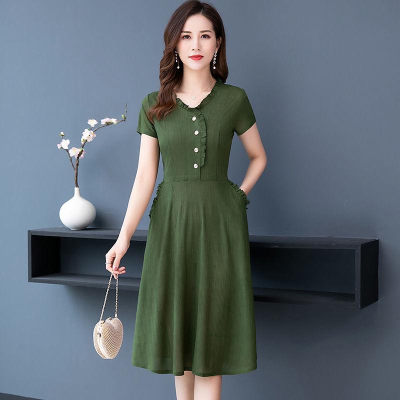 Short Sleeve Western Style Large Size Emperament Mother Dress Mid-length Spring Dress Middle-aged Women