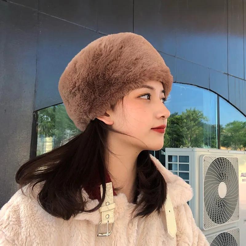 Ladies Winter Fisherman Hat Plush Velvet Warm Hat Ear Protection Pure Color Rabbit Fur Blend Dome Beret Top Hat Puffy Warm Soft Headgear