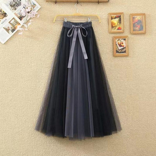 Spring and Summer Thin Two-color Stitching Fairy Tutu Skirt Mid-length Mesh Skirt A-line Small Fragrance Girl