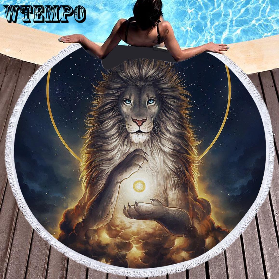 WTEMPO Round Shape Beach Towel lion Digital Printed Polyester Blanket Yoga Mat