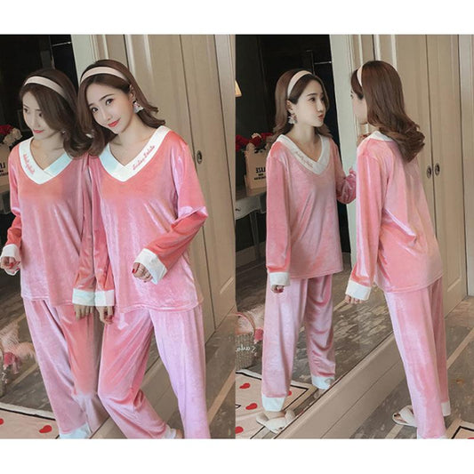 Women's Gold Velvet Long-sleeved Pajamas Set Autumn Winter Warm Loose V-neck Out Wear Homewear Set Soft Comfortable Sleeping Suit High Quality Pyjamas