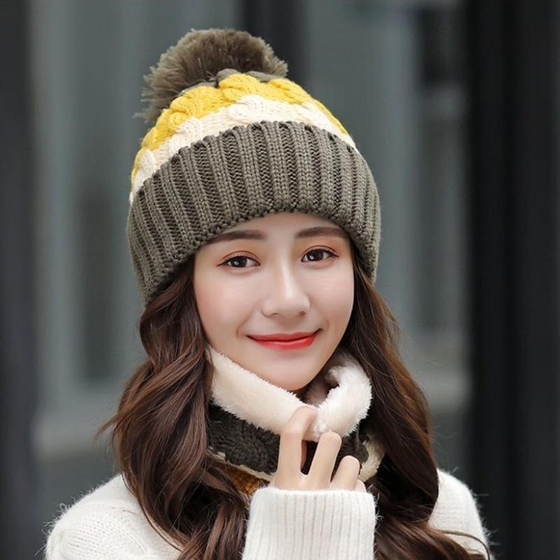 Women's Winter Knitted Hat Korean Style Woolen Cap Plus Velvet Fur Ball Warm Hat Cotton Cap Cycling Cold Proof Cap with Scarf Neck Protection