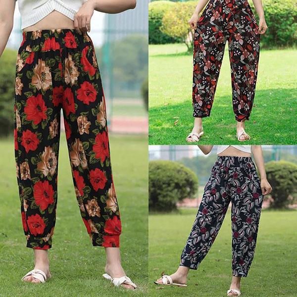 Women's Spring and Summer Plus Size Printing Long Pants Female Elastic Waist Loose Casual Thin Trousers