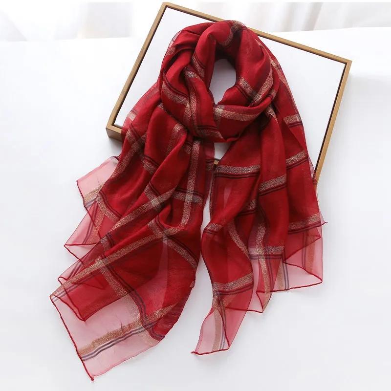 Women's Autumn and Winter Silk Scarf Korean Style All Match Mulberry Silk Shawl Thin Silk Plaid Scarf Long Dual-use Gauze Scarf Sweet Neckerchief