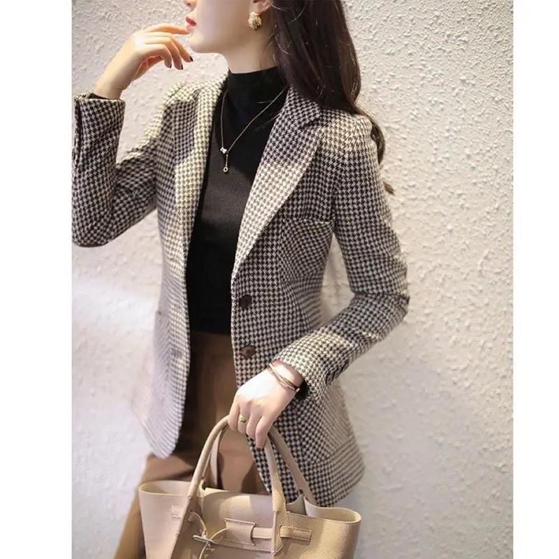 Casual Double Breasted Tweed Women Blazer Coat Long Spring Autumn Jackets Coats Female Chic Office Lady Tops