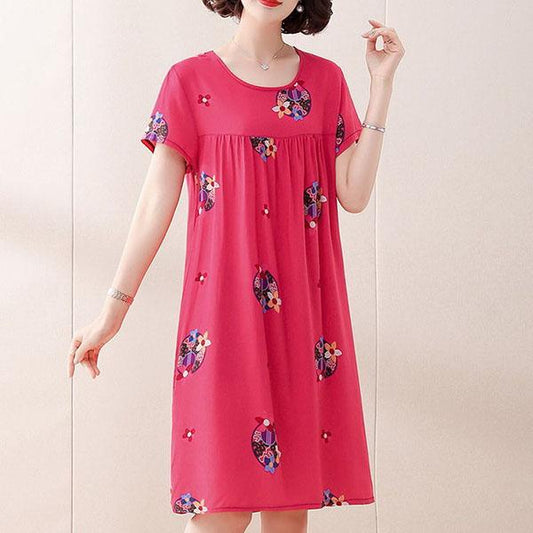 Women's Spring Summer Cotton Nightdress Plus Size Loose Printed Pajamas Round Neck Casual Mid-length Dress