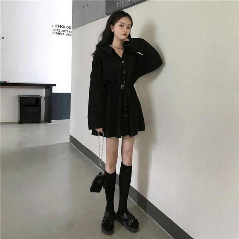 Spring and Autumn Clothing Lightly Cooked Hepburn Style Design Sense Small Black Skirt Waist Slimming Long-sleeved Dress Women