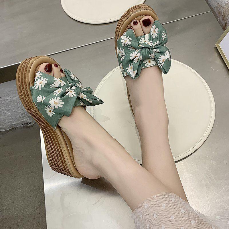 High-heeled Thick-soled Slippers Women's Summer One-word Thongs Are Thin and Heightened Bow Beach Sandals and Slippers