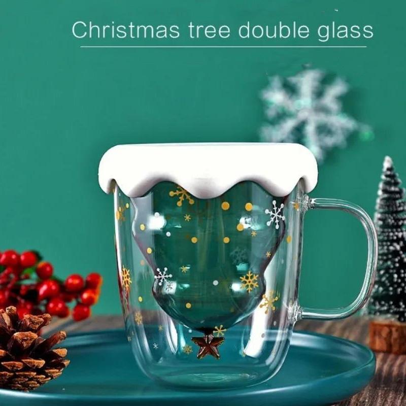 250ML Christmas Mug Creative Glass Mug Christmas Tree Star Cup High Temperature Resistant Mug Double Layer Water Cups Xmas Gifts