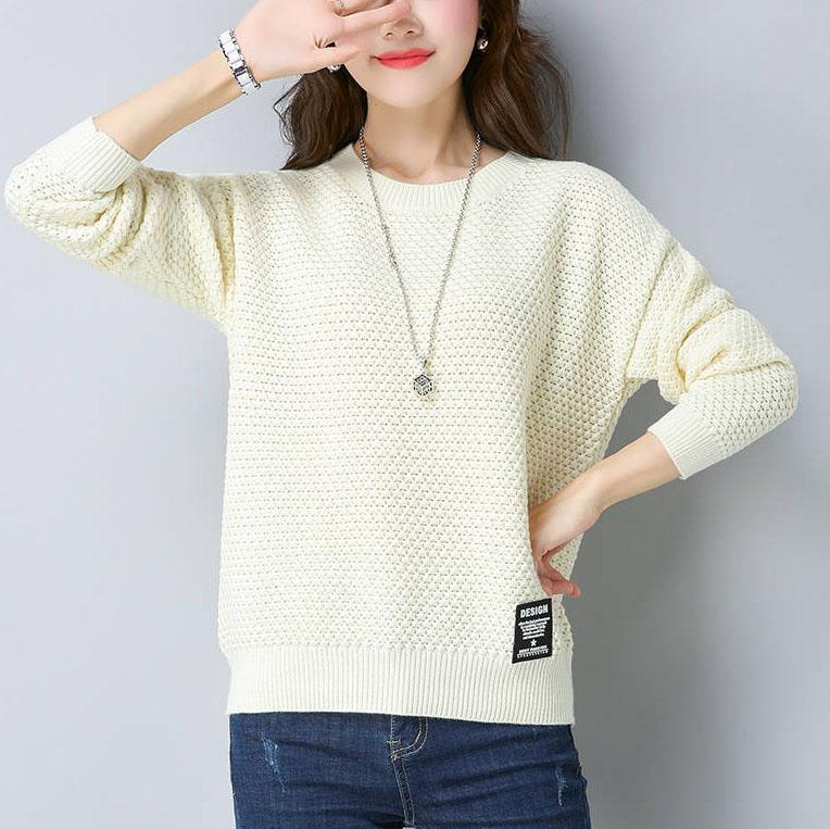 Women's Large Size Solid Color Versatile Loose Thin Knitted Tops Spring and Autumn Long Sleeve Casual Sweaters