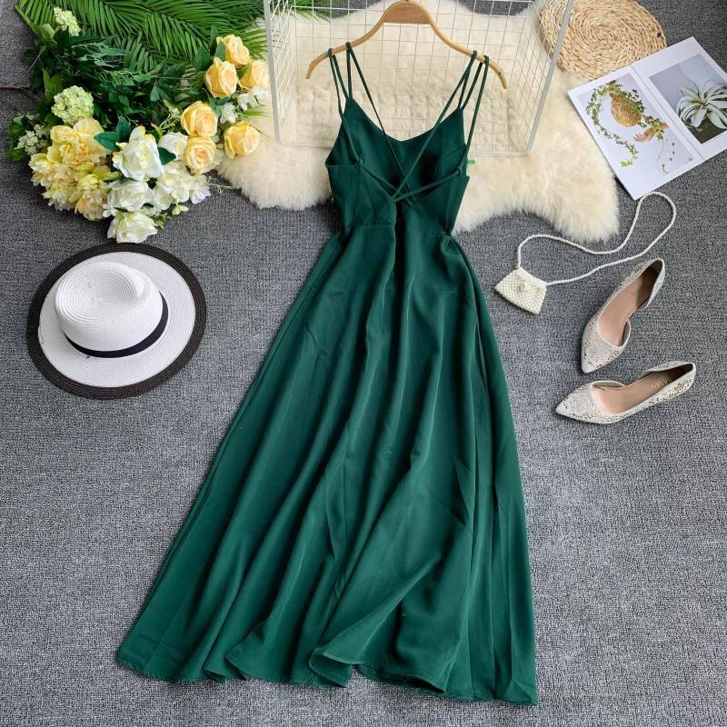 Summer Holiday Dress Cross Spaghetti Strap Open Back Solid Beach Style Ankle-Length Women Dresses